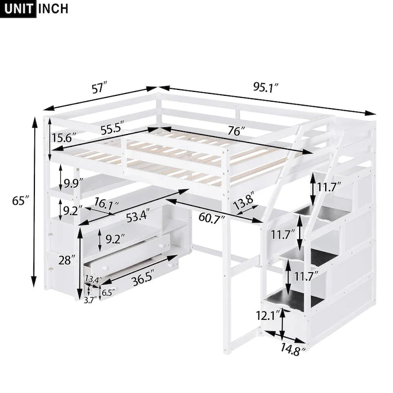 Letto a soppalco full size con scrivania e scaffali, due cassetti integrati, scala contenitore, grigio