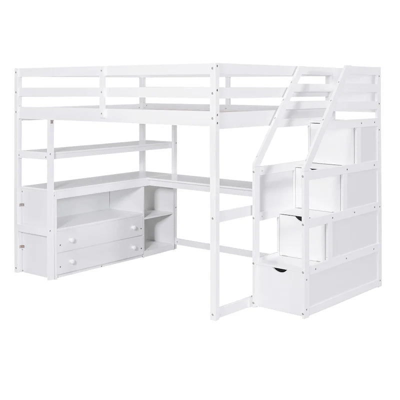 Letto a soppalco full size con scrivania e scaffali, due cassetti integrati, scala contenitore, grigio