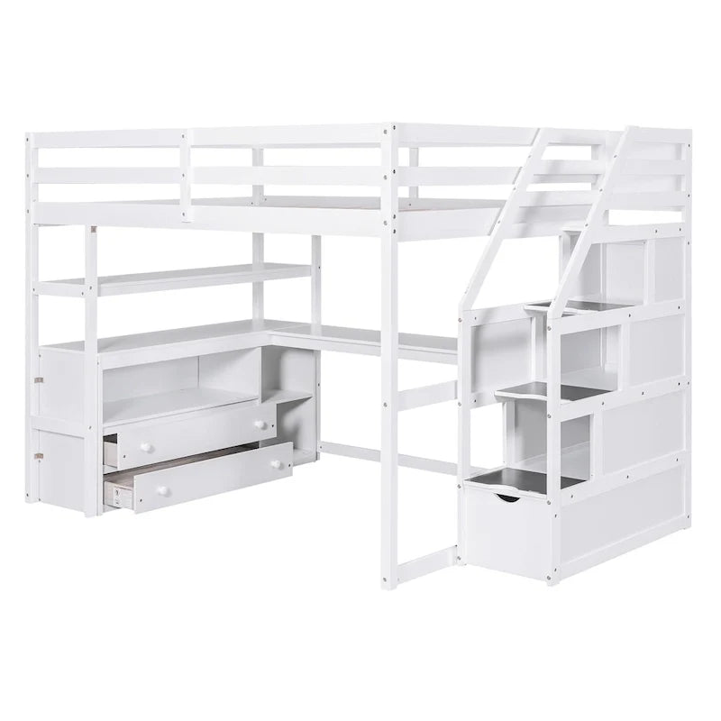 Letto a soppalco full size con scrivania e scaffali, due cassetti integrati, scala contenitore, grigio