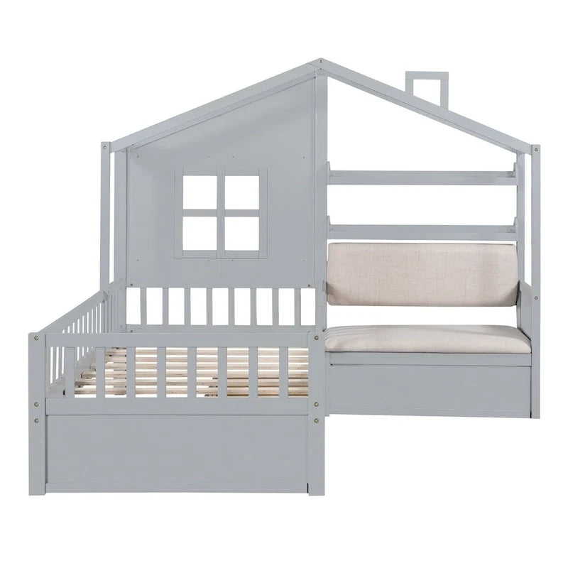 Lit cabane jumeau avec canapé, lit plateforme pour enfants avec deux tiroirs et étagère de rangement, gris