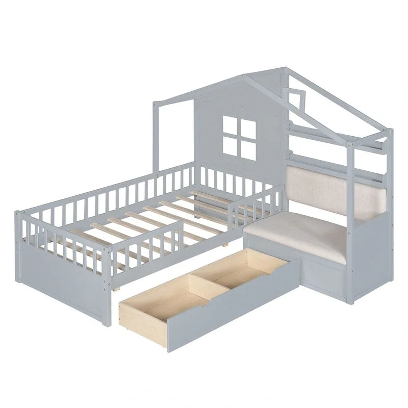 Lit cabane jumeau avec canapé, lit plateforme pour enfants avec deux tiroirs et étagère de rangement, gris