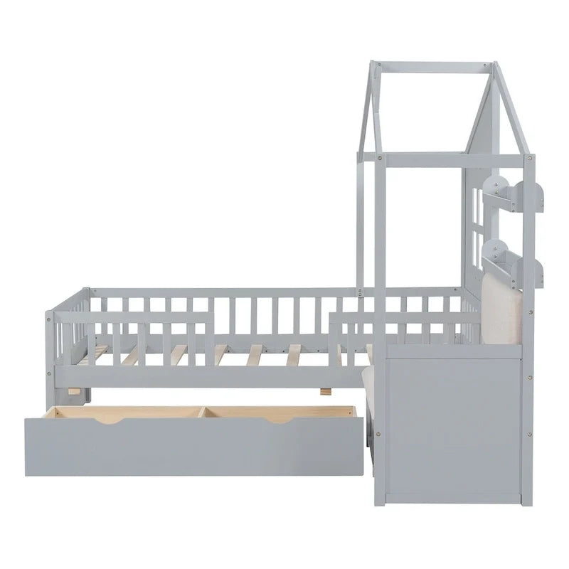 Lit cabane jumeau avec canapé, lit plateforme pour enfants avec deux tiroirs et étagère de rangement, gris