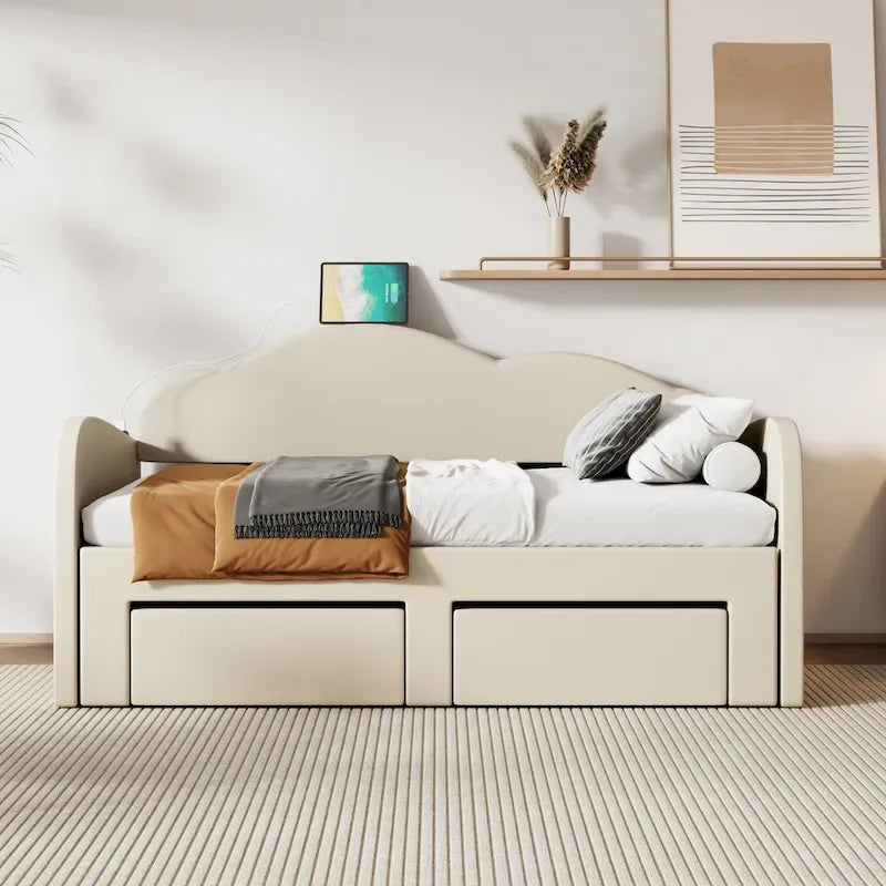 Lit de repos capitonné taille double avec dossier en forme de nuage, lit gigogne et 2 tiroirs et ports USB, beige
