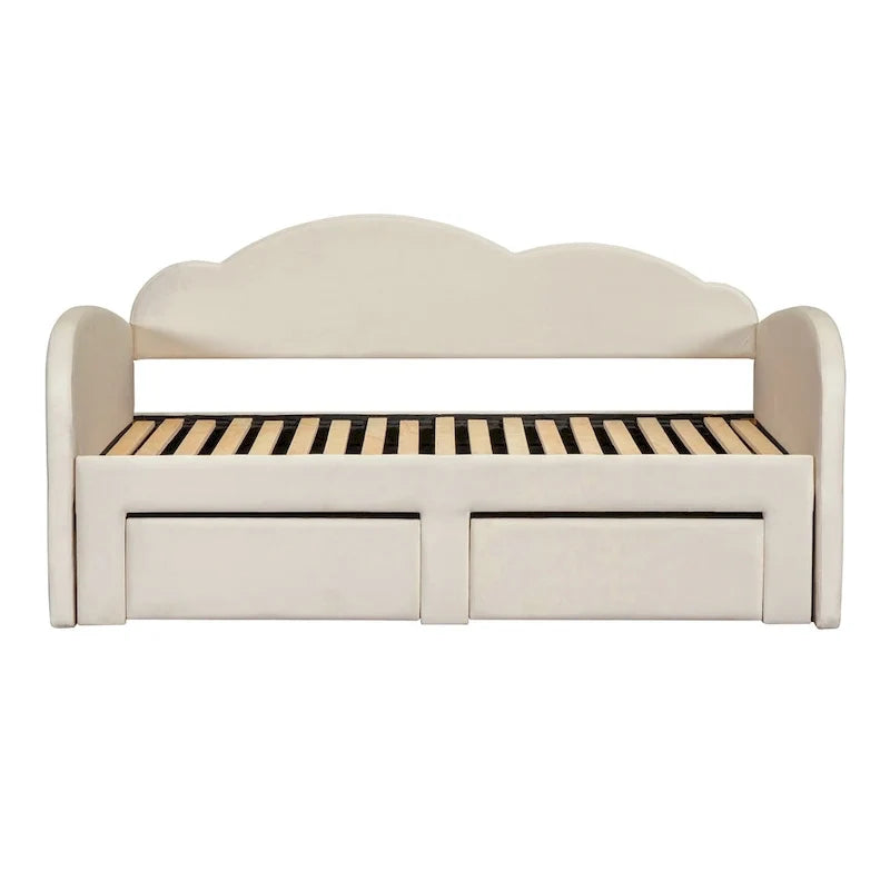 Lit de repos capitonné taille double avec dossier en forme de nuage, lit gigogne et 2 tiroirs et ports USB, beige