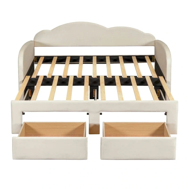 Lit de repos capitonné taille double avec dossier en forme de nuage, lit gigogne et 2 tiroirs et ports USB, beige