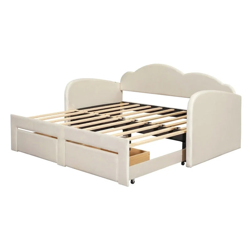 Lit de repos capitonné taille double avec dossier en forme de nuage, lit gigogne et 2 tiroirs et ports USB, beige