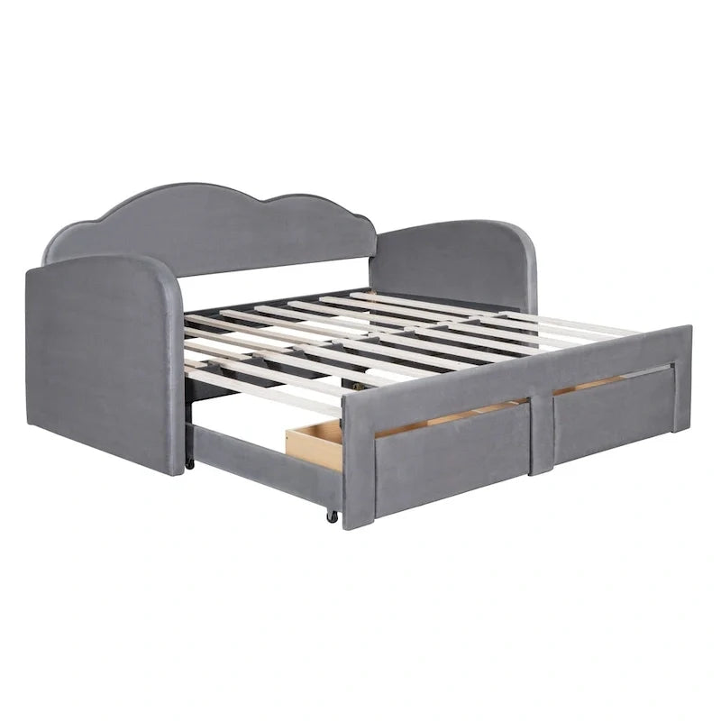Lit de repos capitonné taille double avec dossier en forme de nuage, lit gigogne et 2 tiroirs et ports USB, beige
