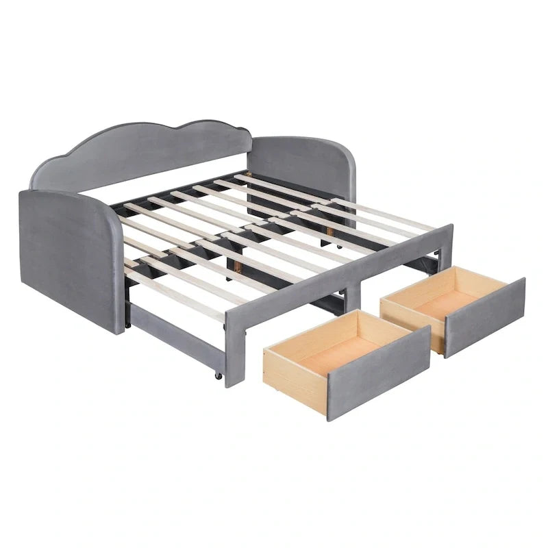Lit de repos capitonné taille double avec dossier en forme de nuage, lit gigogne et 2 tiroirs et ports USB, beige