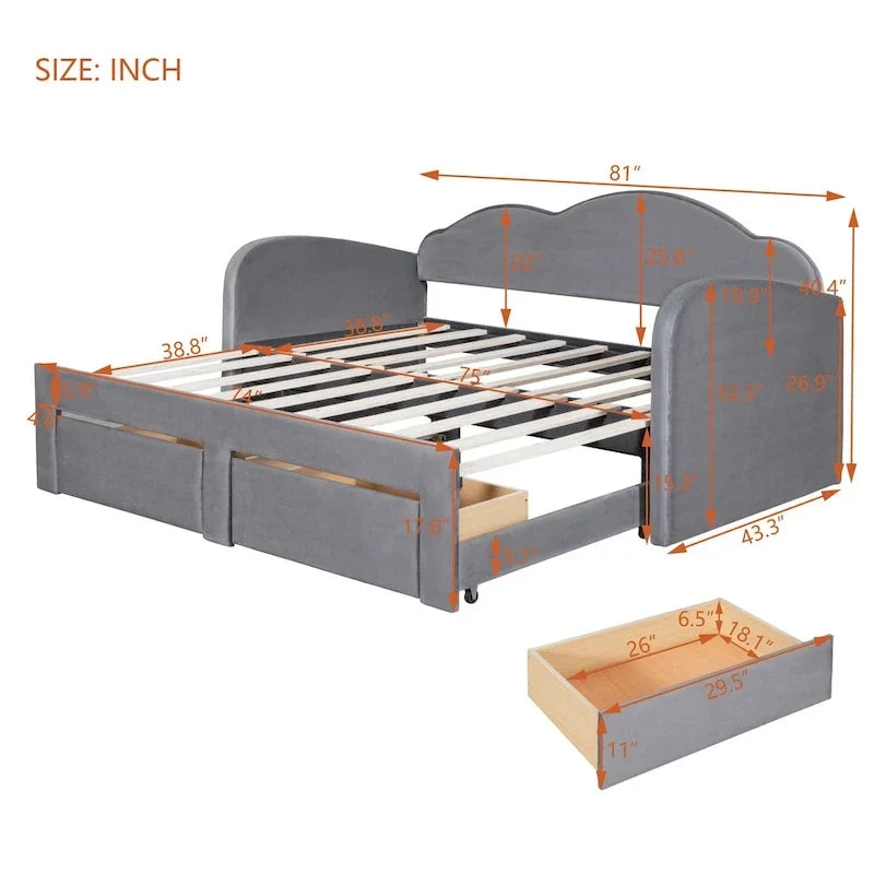 Lit de repos capitonné taille double avec dossier en forme de nuage, lit gigogne et 2 tiroirs et ports USB, beige
