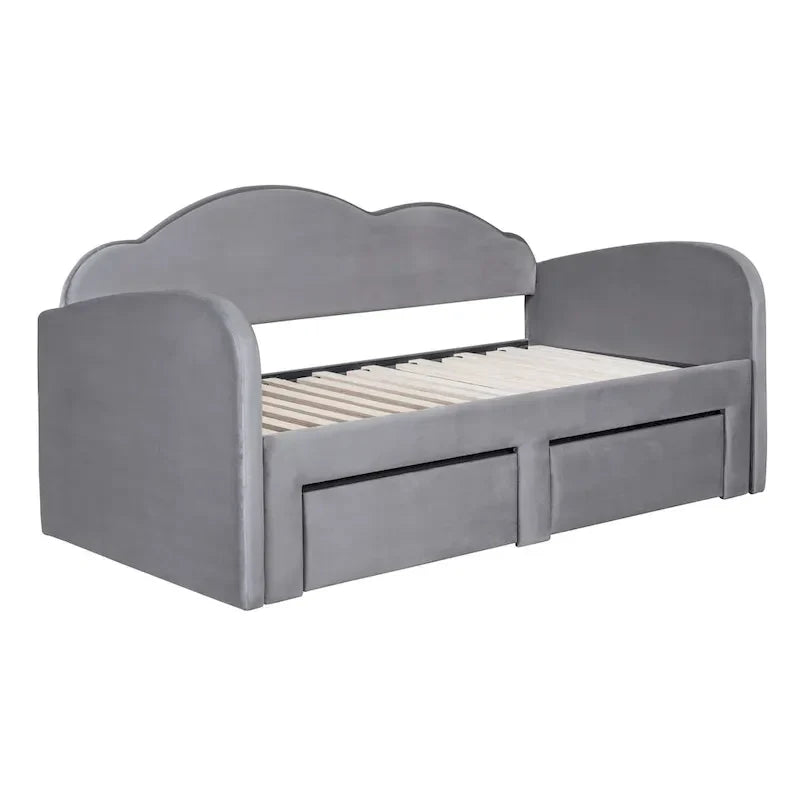 Lit de repos capitonné taille double avec dossier en forme de nuage, lit gigogne et 2 tiroirs et ports USB, beige