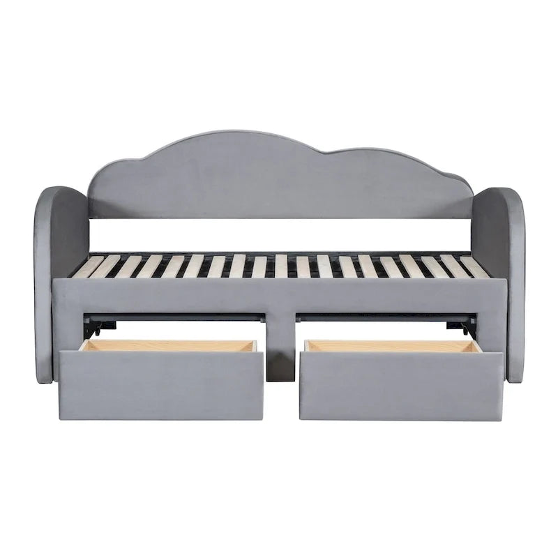 Lit de repos capitonné taille double avec dossier en forme de nuage, lit gigogne et 2 tiroirs et ports USB, beige