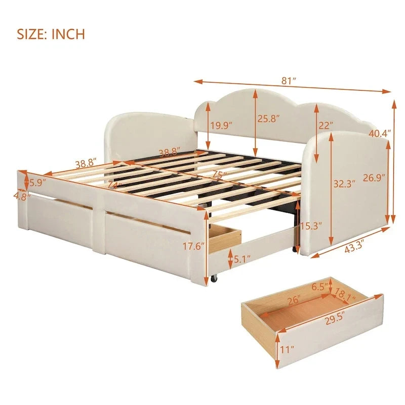 Lit de repos capitonné taille double avec dossier en forme de nuage, lit gigogne et 2 tiroirs et ports USB, beige