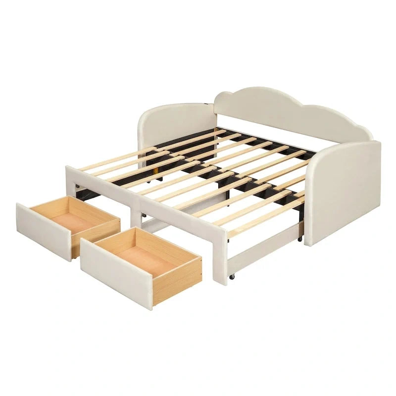 Lit de repos capitonné taille double avec dossier en forme de nuage, lit gigogne et 2 tiroirs et ports USB, beige