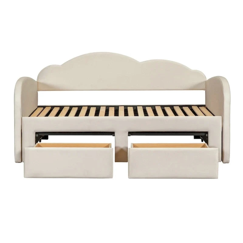 Lit de repos capitonné taille double avec dossier en forme de nuage, lit gigogne et 2 tiroirs et ports USB, beige