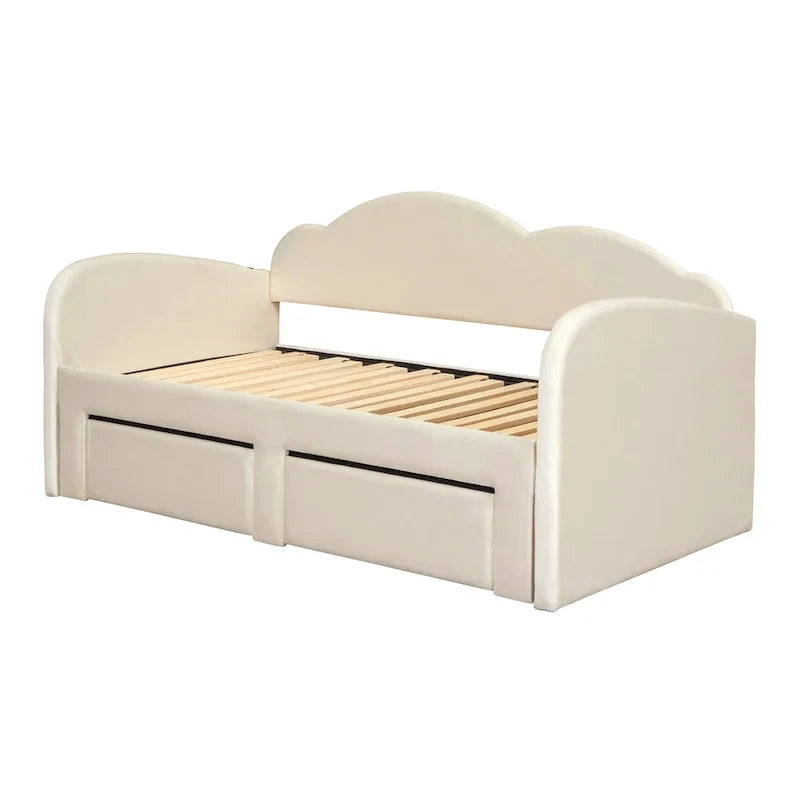 Lit de repos capitonné taille double avec dossier en forme de nuage, lit gigogne et 2 tiroirs et ports USB, beige
