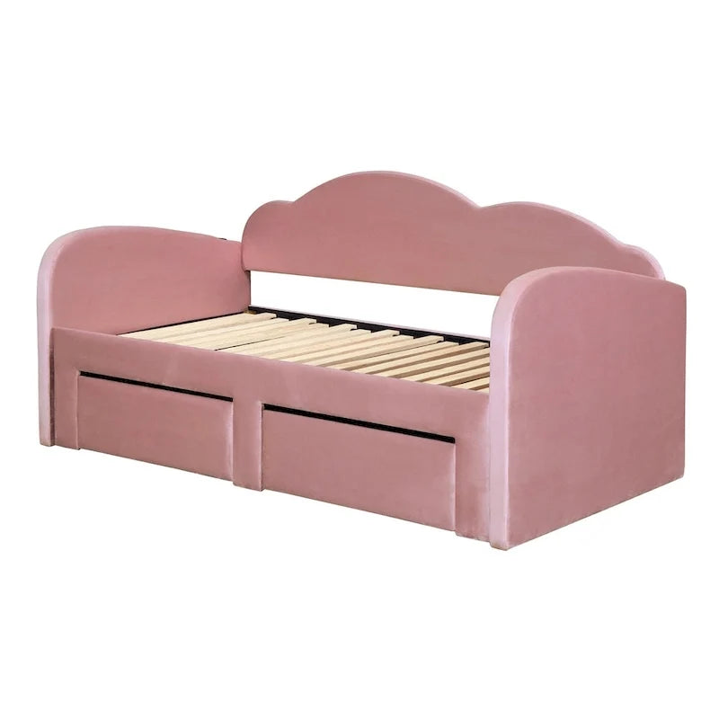 Lit de repos capitonné taille double avec dossier en forme de nuage, lit gigogne et 2 tiroirs et ports USB, beige