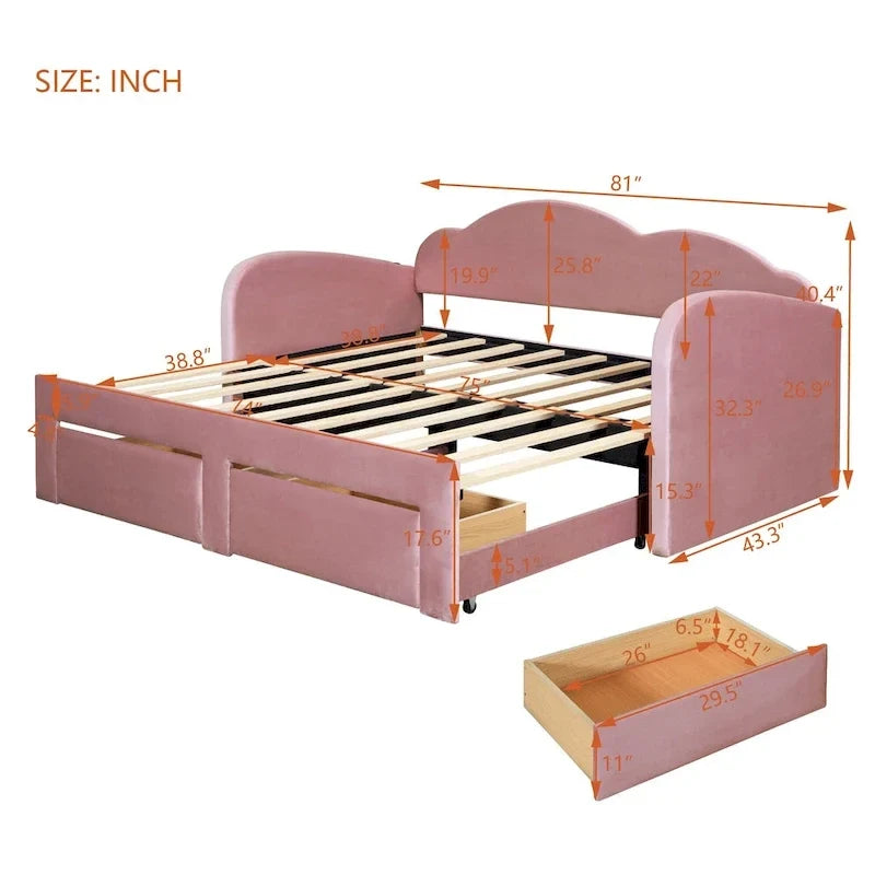Lit de repos capitonné taille double avec dossier en forme de nuage, lit gigogne et 2 tiroirs et ports USB, beige