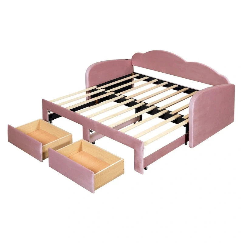 Lit de repos capitonné taille double avec dossier en forme de nuage, lit gigogne et 2 tiroirs et ports USB, beige