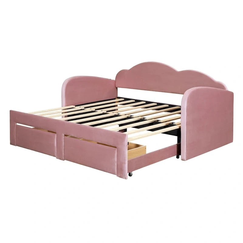 Lit de repos capitonné taille double avec dossier en forme de nuage, lit gigogne et 2 tiroirs et ports USB, beige