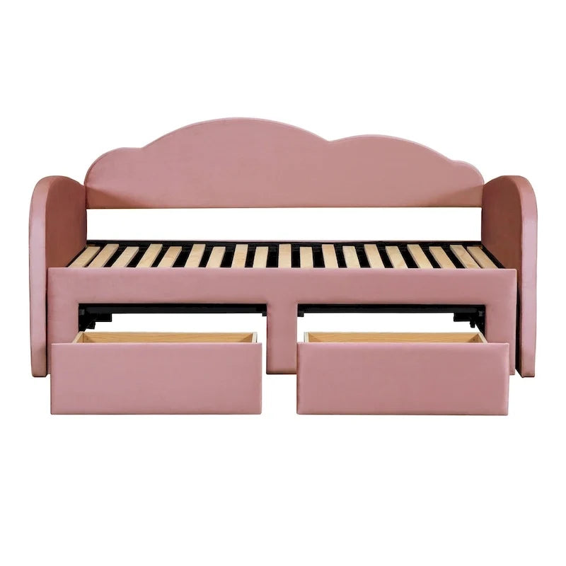 Lit de repos capitonné taille double avec dossier en forme de nuage, lit gigogne et 2 tiroirs et ports USB, beige