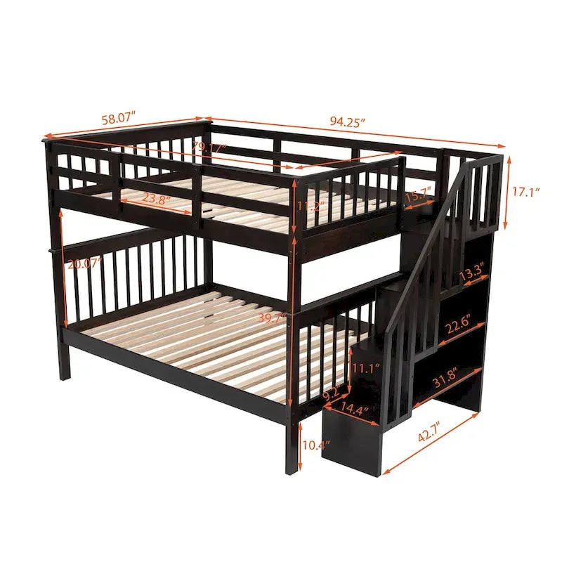 Letto a Castello a Misura Francese con Cassetti, Spazio Contenitore e Sponda di Sicurezza per la Camera da Letto, colore Espresso (vecchio SKU: LP000310AAP)