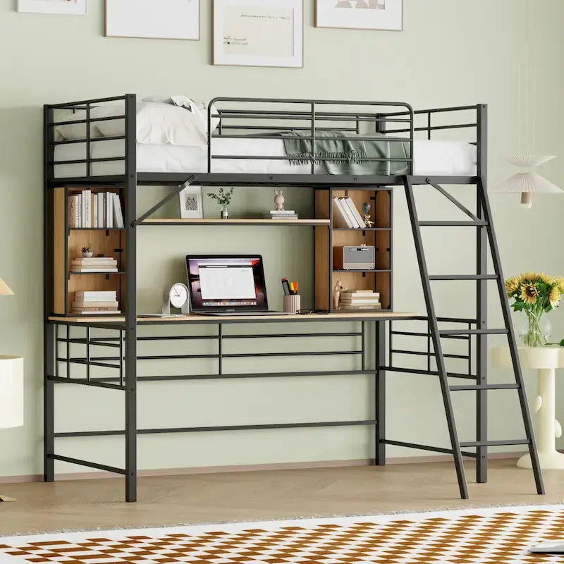 Lit mezzanine simple avec bureau et étagère, lit mezzanine avec échelle, simple, noir