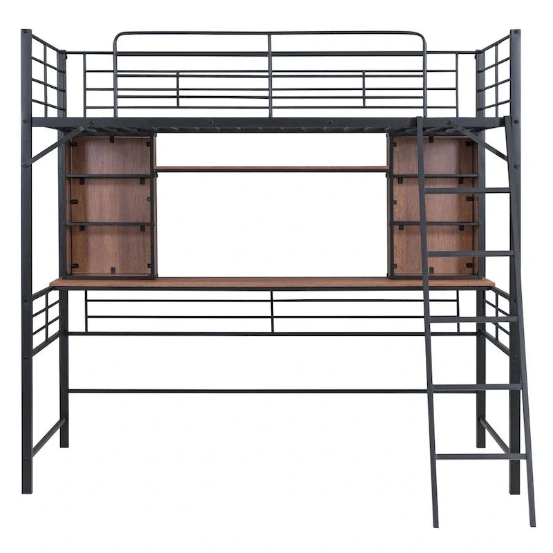 Lit mezzanine simple avec bureau et étagère, lit mezzanine avec échelle, simple, noir