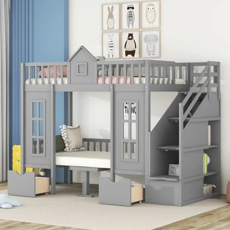 Letto a castello Twin-Over-Twin con tavolo convertibile, il letto a castello si trasforma in letto superiore e scrivania inferiore - Grigio