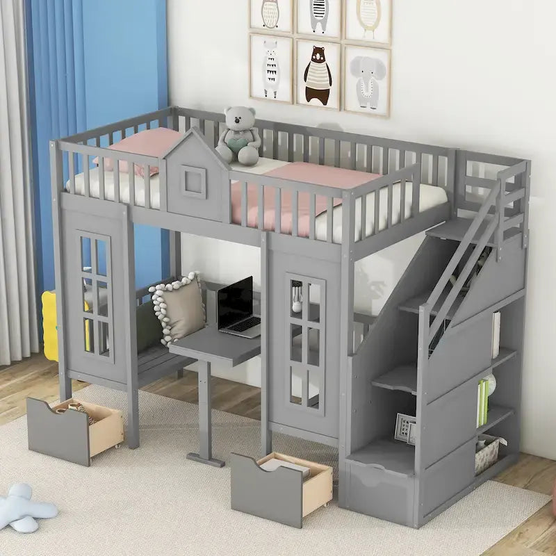 Letto a castello Twin-Over-Twin con tavolo convertibile, il letto a castello si trasforma in letto superiore e scrivania inferiore - Grigio