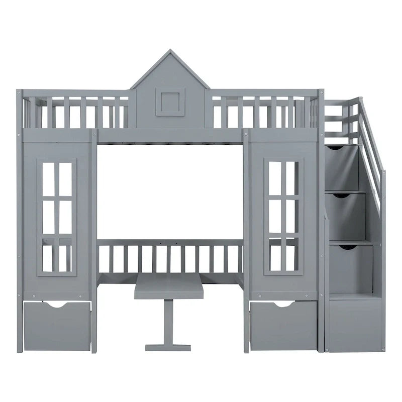 Letto a castello Twin-Over-Twin con tavolo convertibile, il letto a castello si trasforma in letto superiore e scrivania inferiore - Grigio