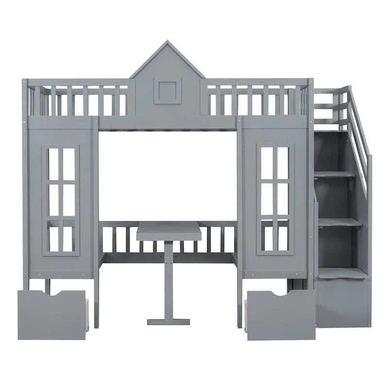 Letto a castello Twin-Over-Twin con tavolo convertibile, il letto a castello si trasforma in letto superiore e scrivania inferiore - Grigio
