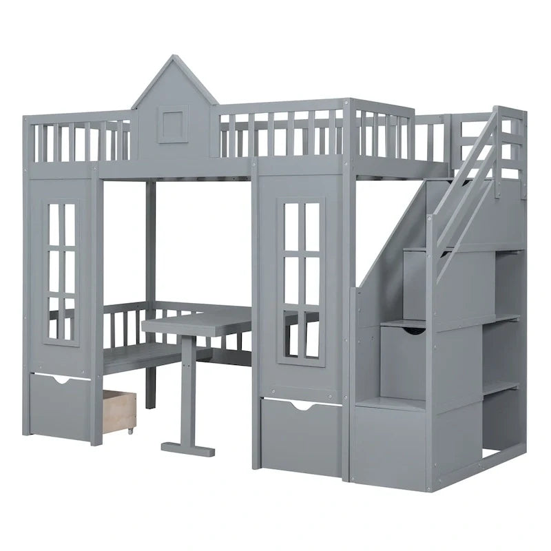 Letto a castello Twin-Over-Twin con tavolo convertibile, il letto a castello si trasforma in letto superiore e scrivania inferiore - Grigio