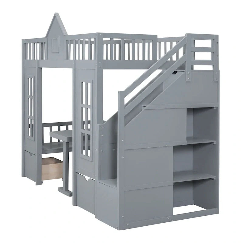 Letto a castello Twin-Over-Twin con tavolo convertibile, il letto a castello si trasforma in letto superiore e scrivania inferiore - Grigio