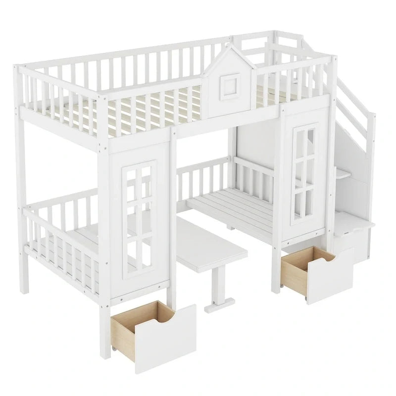 Letto a castello Twin-Over-Twin con tavolo convertibile, il letto a castello si trasforma in letto superiore e scrivania inferiore - Grigio