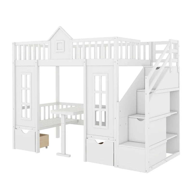 Letto a castello Twin-Over-Twin con tavolo convertibile, il letto a castello si trasforma in letto superiore e scrivania inferiore - Grigio