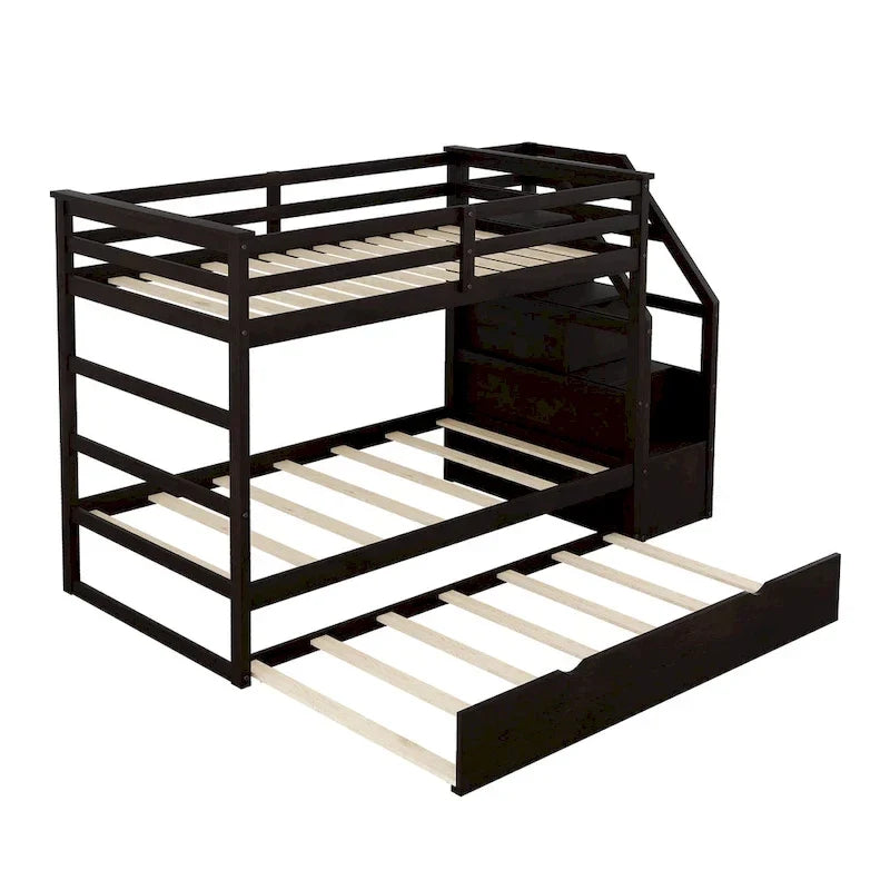 Lit superposé jumeau sur jumeau avec lit gigogne double et 3 escaliers de rangement, expresso