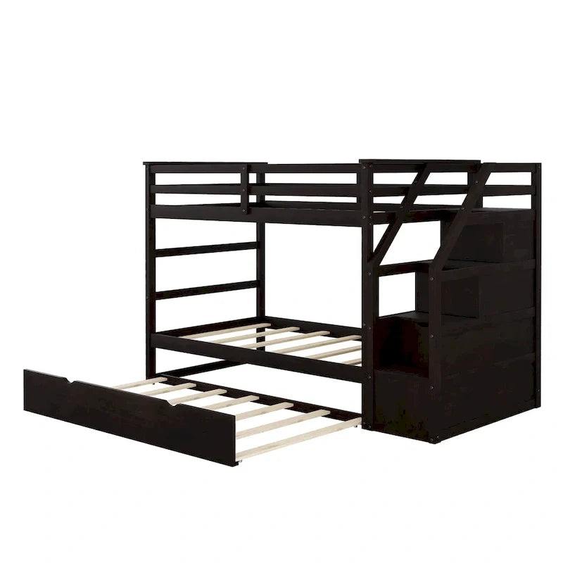 Lit superposé jumeau sur jumeau avec lit gigogne double et 3 escaliers de rangement, expresso