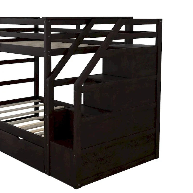 Lit superposé jumeau sur jumeau avec lit gigogne double et 3 escaliers de rangement, expresso
