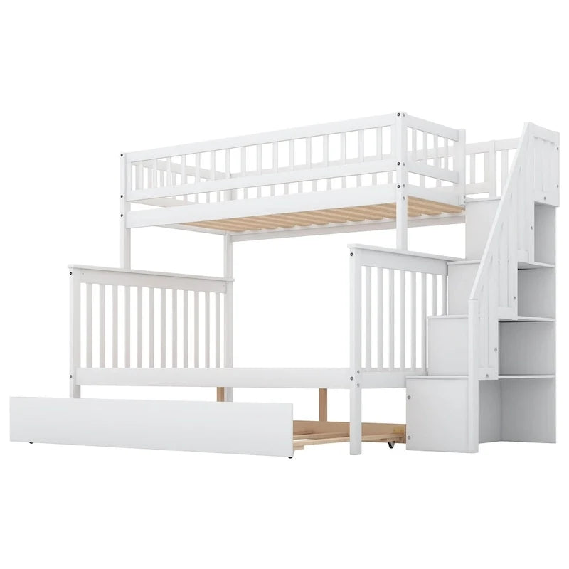 Lit superposé jumeau sur grand avec lit gigogne et escalier, gris