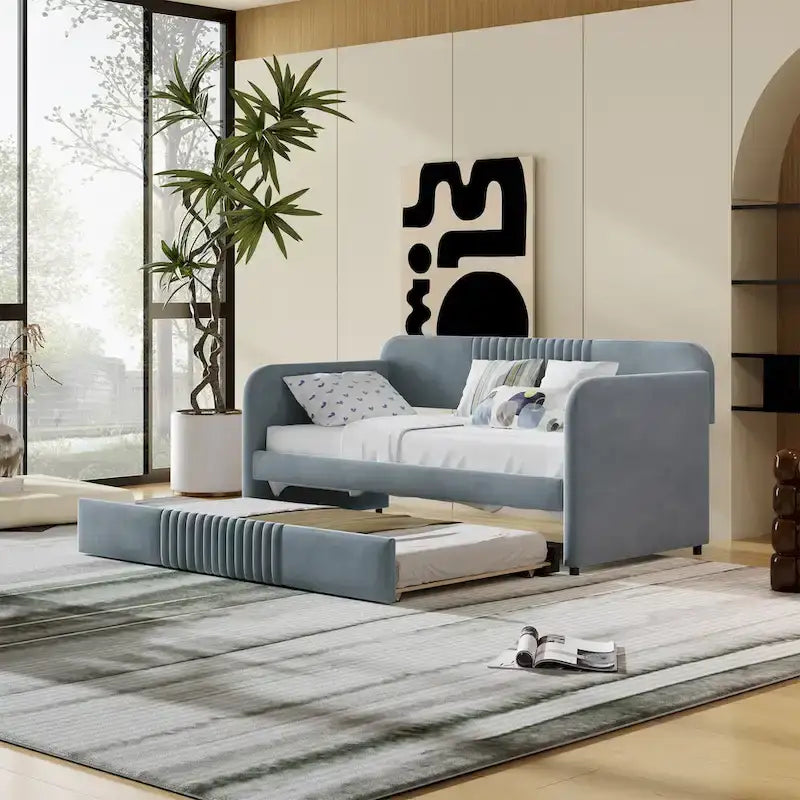 Divano letto imbottito con letto estraibile e doghe in legno, grigio, misura singola