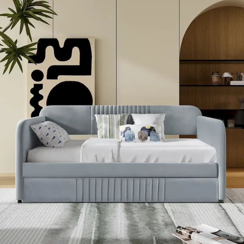 Divano letto imbottito con letto estraibile e doghe in legno, grigio, misura singola
