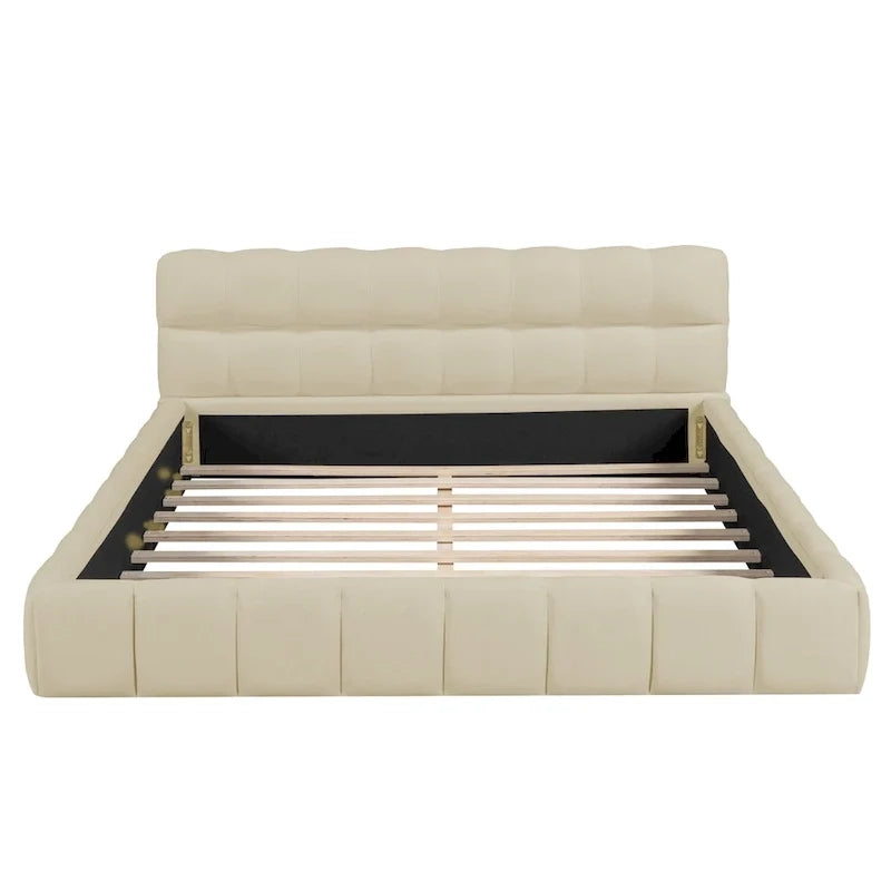 Letto matrimoniale imbottito con base a piattaforma, con tessuto spesso, letto a terra con struttura solida, beige