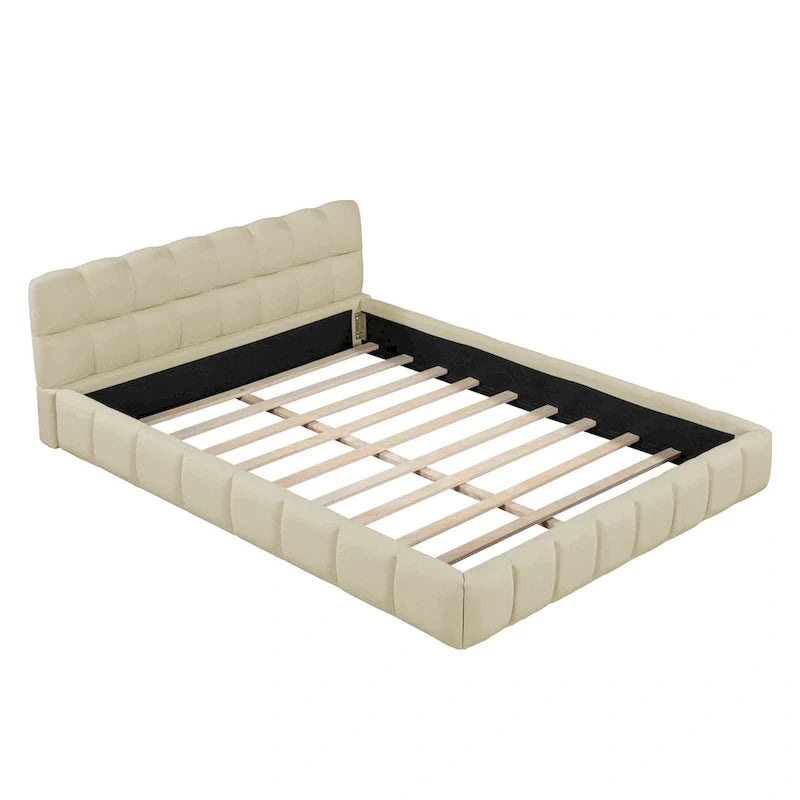 Letto matrimoniale imbottito con base a piattaforma, con tessuto spesso, letto a terra con struttura solida, beige