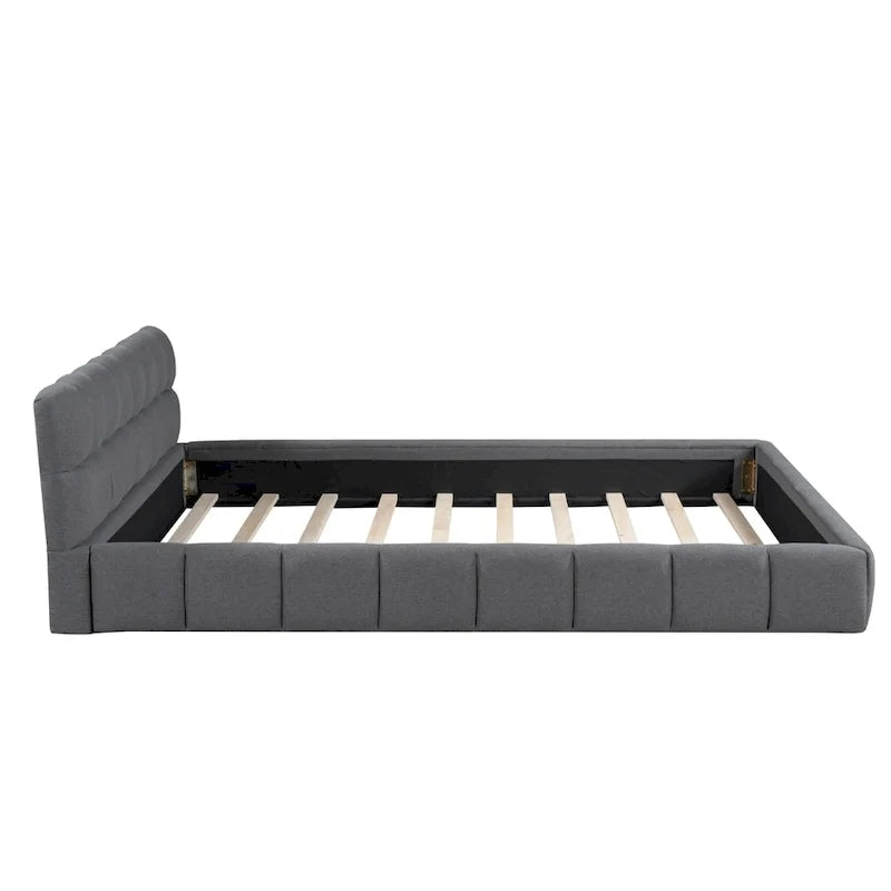 Letto matrimoniale imbottito con base a piattaforma, con tessuto spesso, letto a terra con struttura solida, beige