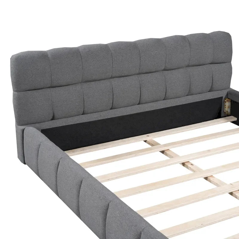 Letto matrimoniale imbottito con base a piattaforma, con tessuto spesso, letto a terra con struttura solida, beige
