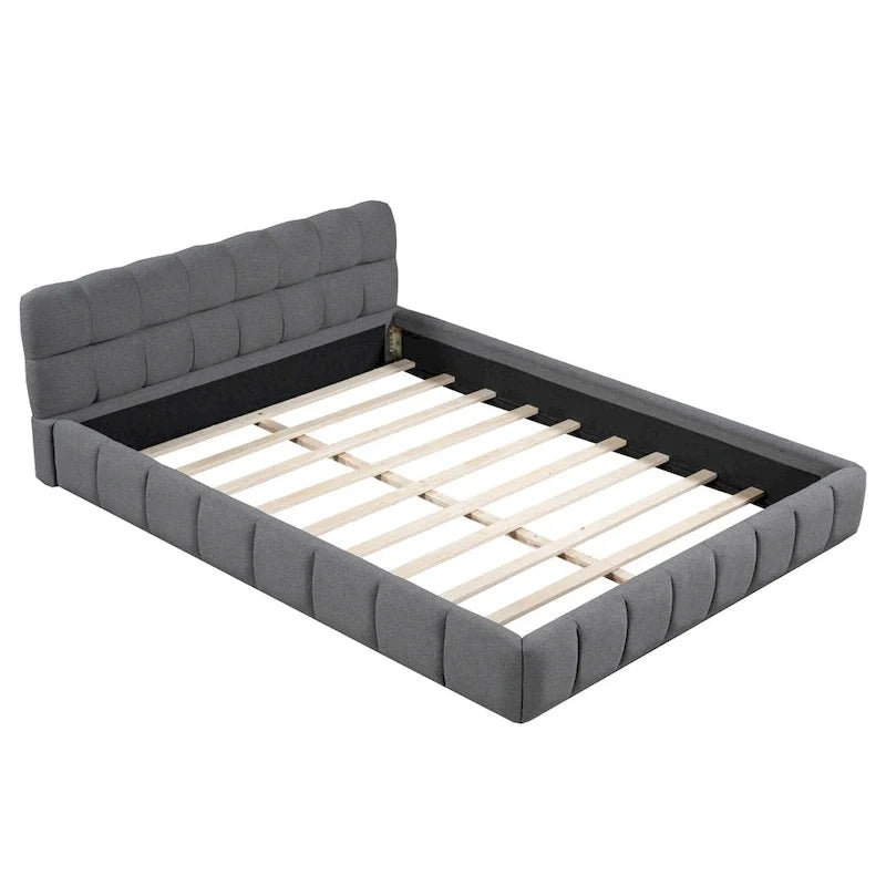 Letto matrimoniale imbottito con base a piattaforma, con tessuto spesso, letto a terra con struttura solida, beige