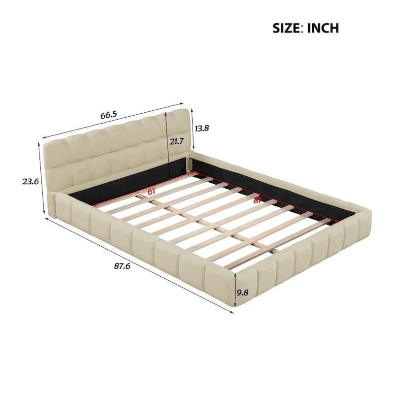 Letto matrimoniale imbottito con base a piattaforma, con tessuto spesso, letto a terra con struttura solida, beige