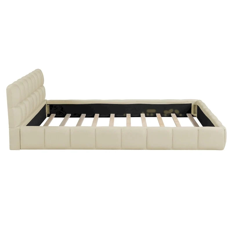 Letto matrimoniale imbottito con base a piattaforma, con tessuto spesso, letto a terra con struttura solida, beige