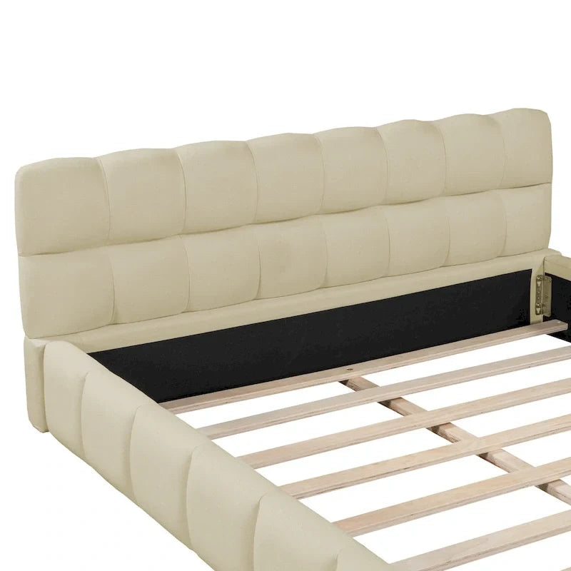 Letto matrimoniale imbottito con base a piattaforma, con tessuto spesso, letto a terra con struttura solida, beige