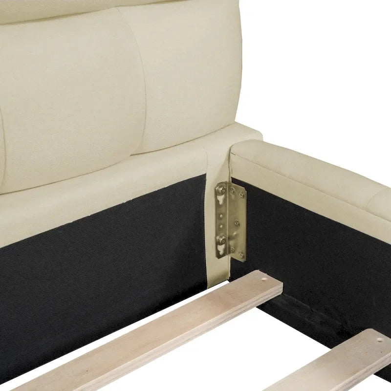 Letto matrimoniale imbottito con base a piattaforma, con tessuto spesso, letto a terra con struttura solida, beige